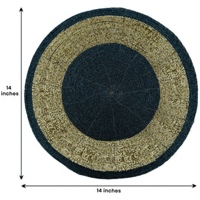 Set of four Midnight Dusk beaded placemats, round dark blue and gold, heat-resistant 14-inch table mats by BD 036 043.