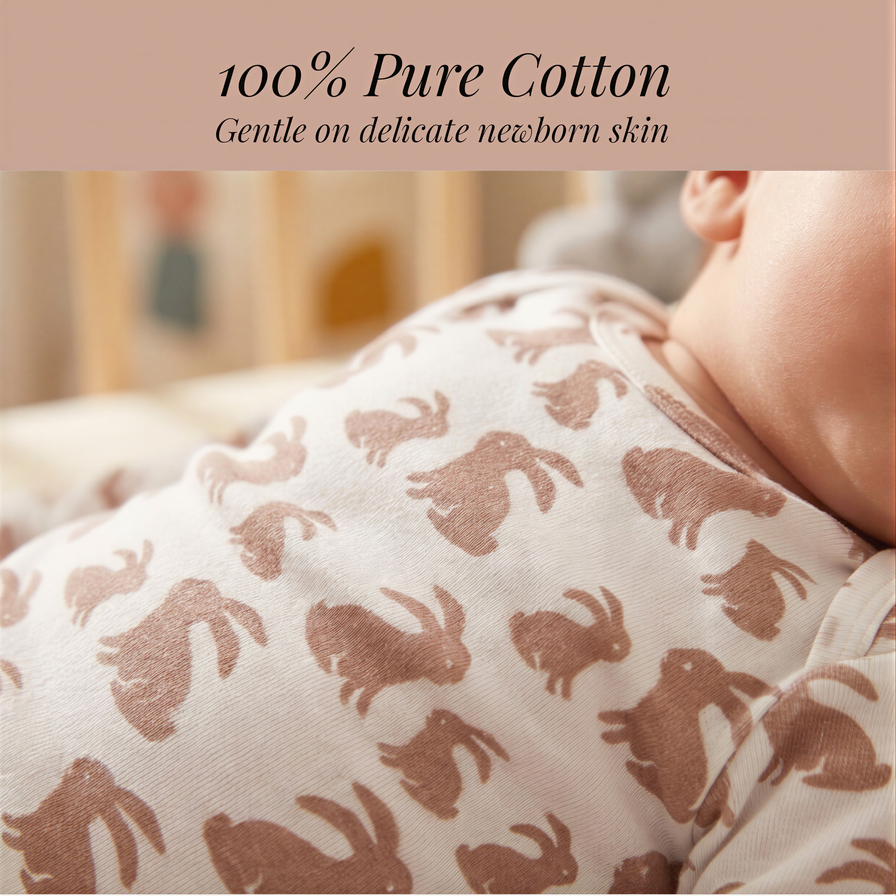 a close-up of a baby's skin wearing a white onesie with a pattern of brown rabbits.