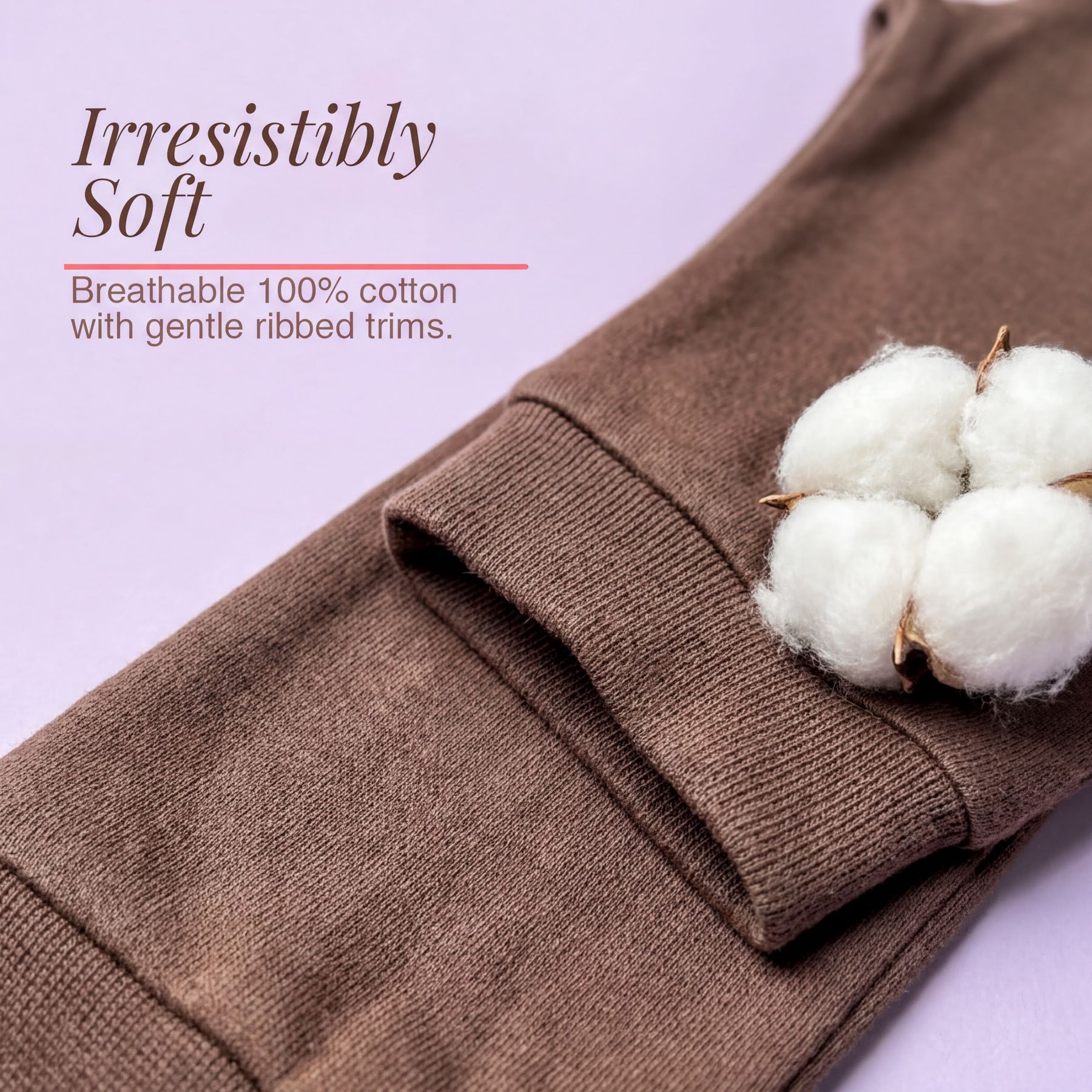 a pair of brown cotton socks with a single white cotton fiber on top, accompanied by text that describes the socks as "Irresistibly Soft" and "Breathable 100% cotton with gentle ribbed trims."