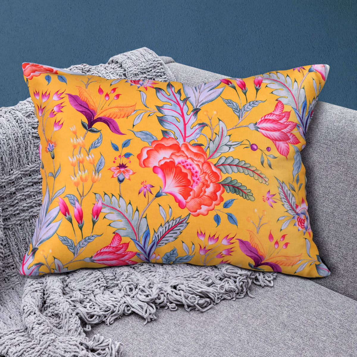 Floral printed throw pillow cover in 14x20 inches, designed by CC-9695-4, featuring vibrant floral patterns on fabric.