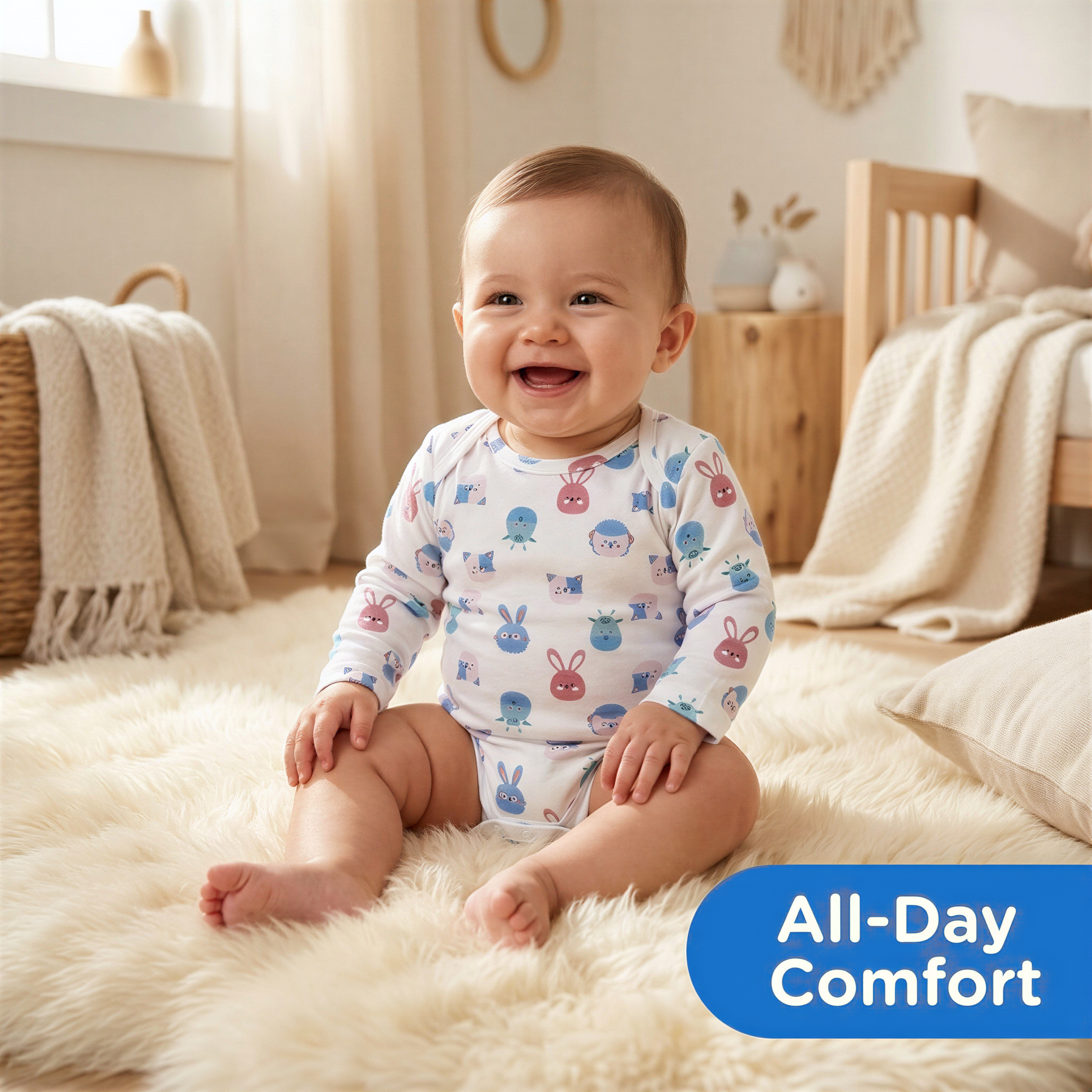 A smiling baby wearing a white onesie with animal designs sits on a white rug in a cozy room.