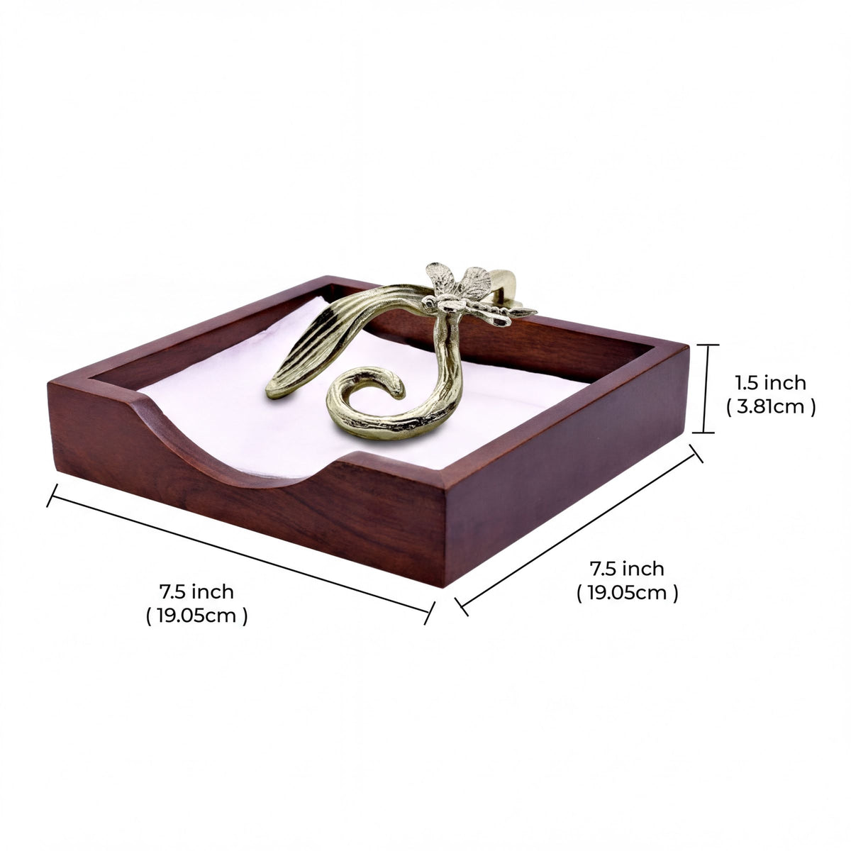 Solid wood napkin holder with silver and gold finish ornament, stylish napkin dispenser for elegant table settings.