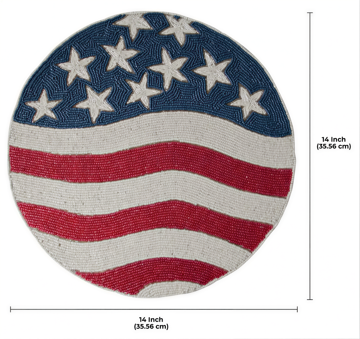 a round, beaded table runner with a design resembling the American flag.