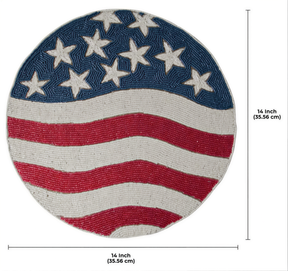 a round, beaded table runner with a design resembling the American flag.