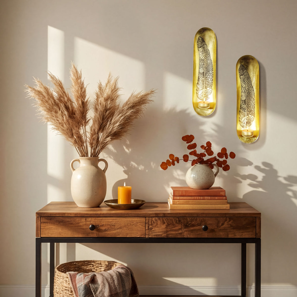 Set of 2 gold wall candle sconces with feather design, decorative candle holders for stylish wall décor.