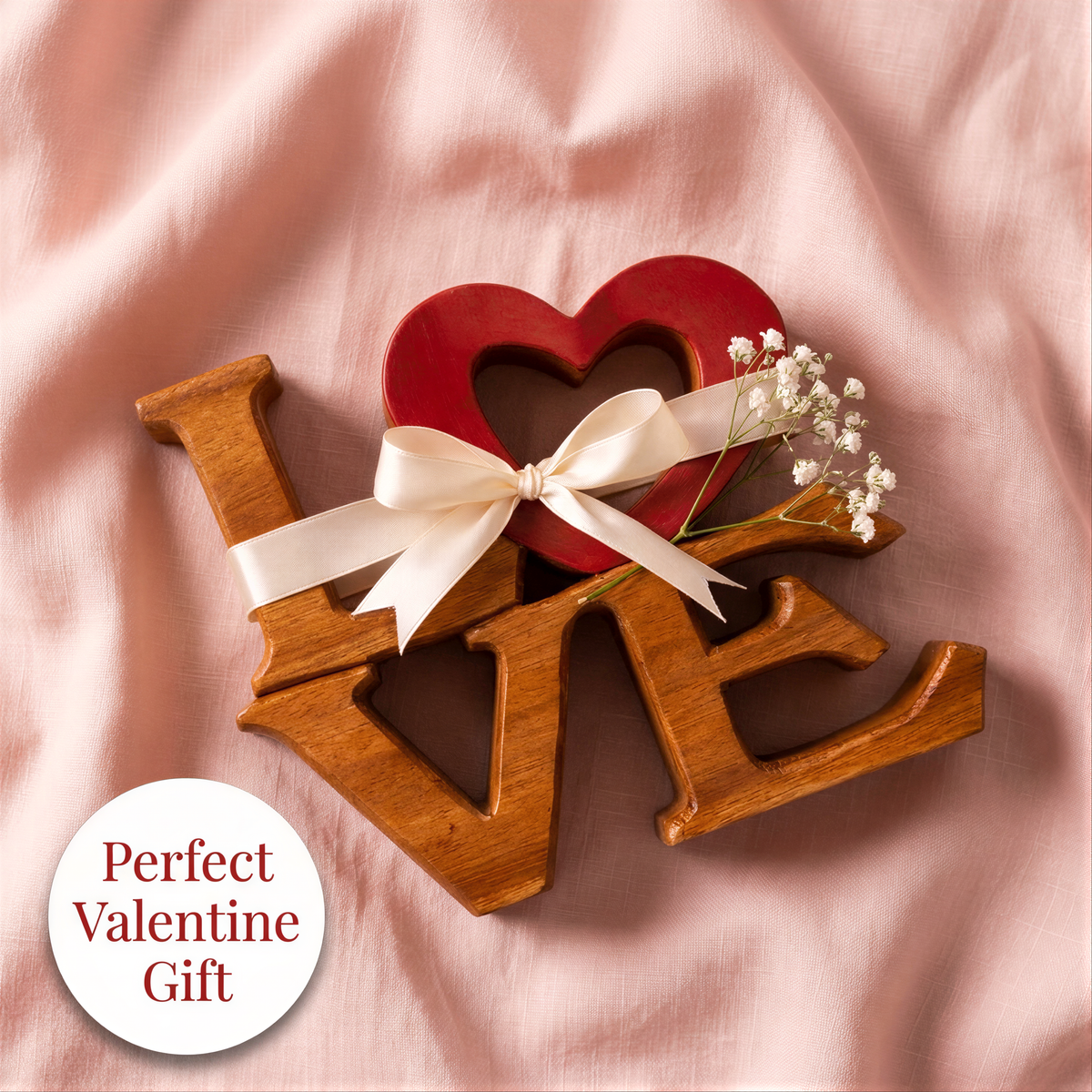 A wooden sign with the word "LOVE" written on it, along with a red heart-shaped ornament and some white flowers, placed on a pink fabric background.