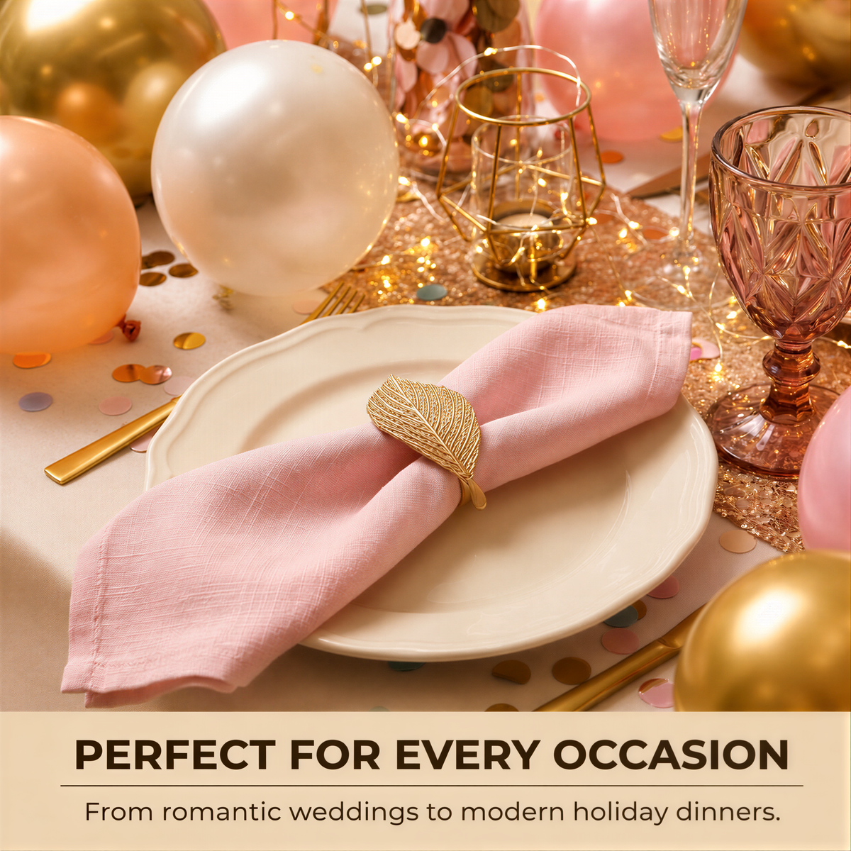 a table setting with a pink napkin ring, gold accents, and gold and pink balloons, suggesting a festive or celebratory occasion.