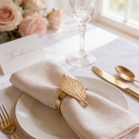 A table setting with a white tablecloth, featuring a gold leaf napkin ring, a place card, a wine glass, and a fork and knife.