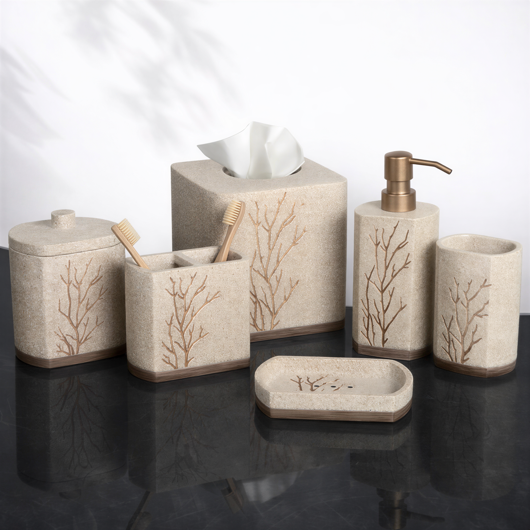 Set of six modern bathroom decor accessories from The Kent Essence Collection by AH11336, including soap dispenser, tumbler, and tray.
