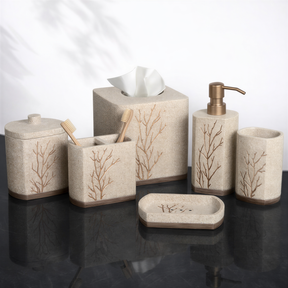 Set of six modern bathroom decor accessories from The Kent Essence Collection by AH11336, including soap dispenser, tumbler, and tray.