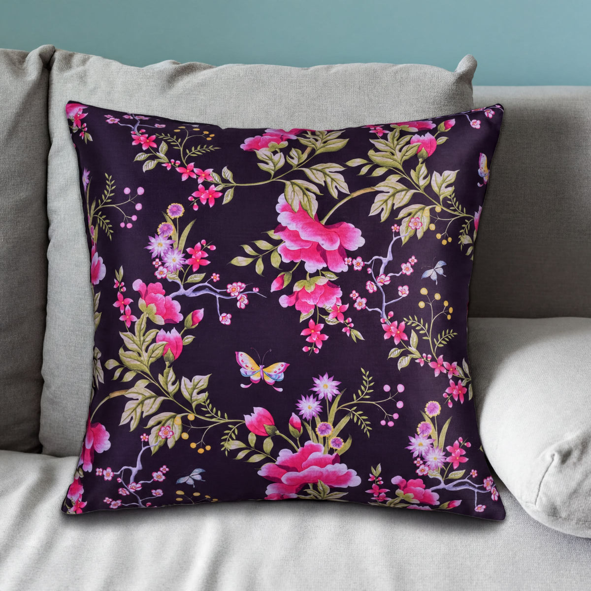 Floral printed throw pillow cover, 20x20 inches, made of fabric, featuring colorful flower patterns for decorative cushions.