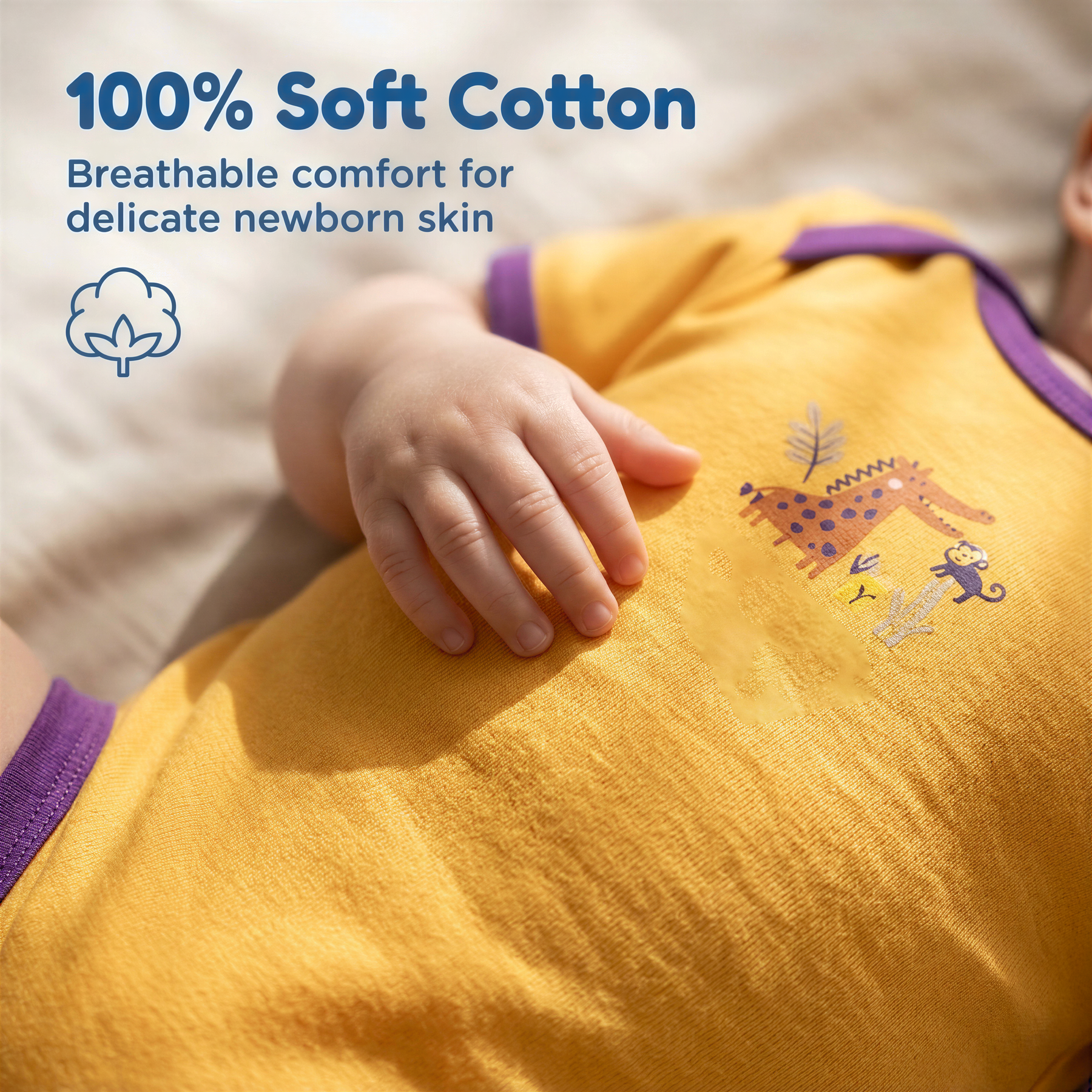A close-up image of a baby's hand resting on a yellow onesie with a giraffe design.