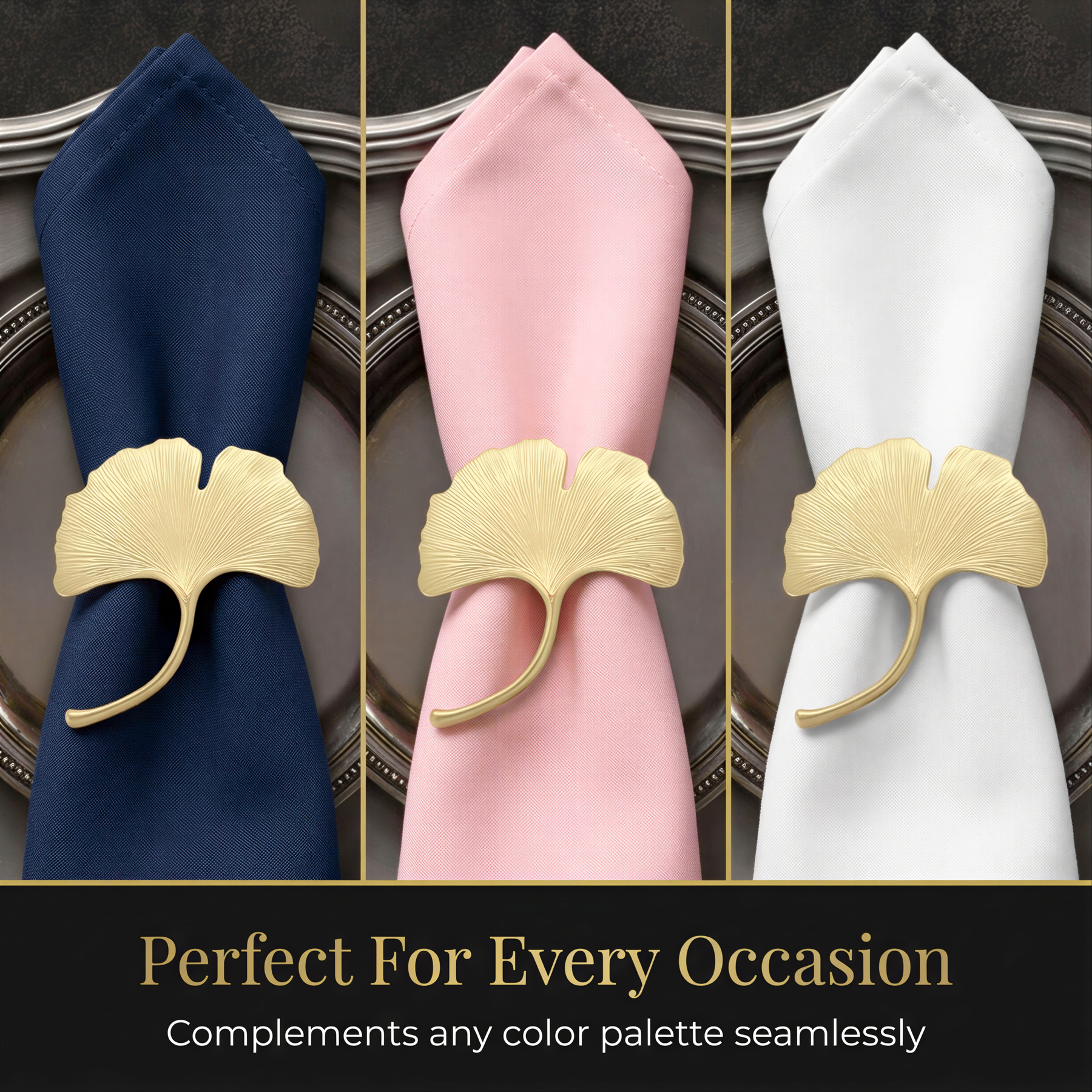 three napkin rings with gold leaf-shaped metal clips, each with a different color: navy blue, pink, and white. The text below the image states that these napkin rings are perfect for every occasion, and that they can be used with any color palette seamlessly.