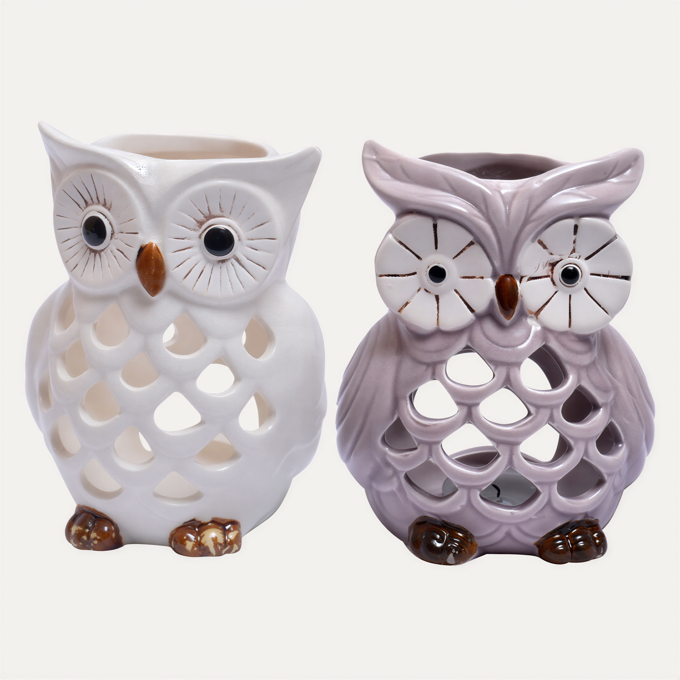 Set of two Hampton Lucky Owl candle holders with tea lights, featuring detailed owl designs in bronze finish.
