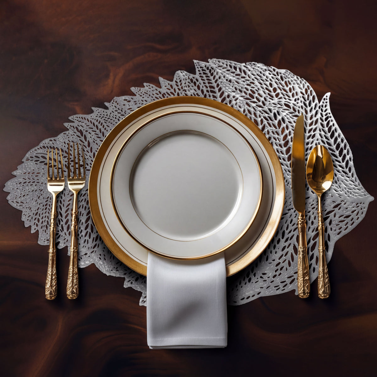 Set of six leaf cut out vinyl placemats by AMF033-SLV, decorative and durable table mats with leaf-shaped cut outs.
