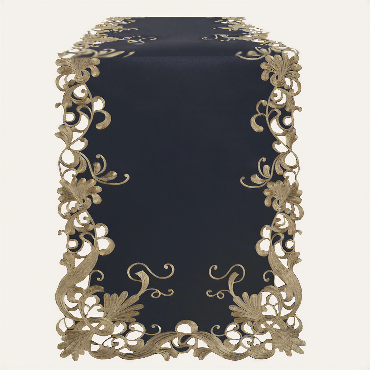 Vintage Opulence gold lace and blue European embroidery table runner, 14x108 inches, elegant table décor by RIZ-017-RN.