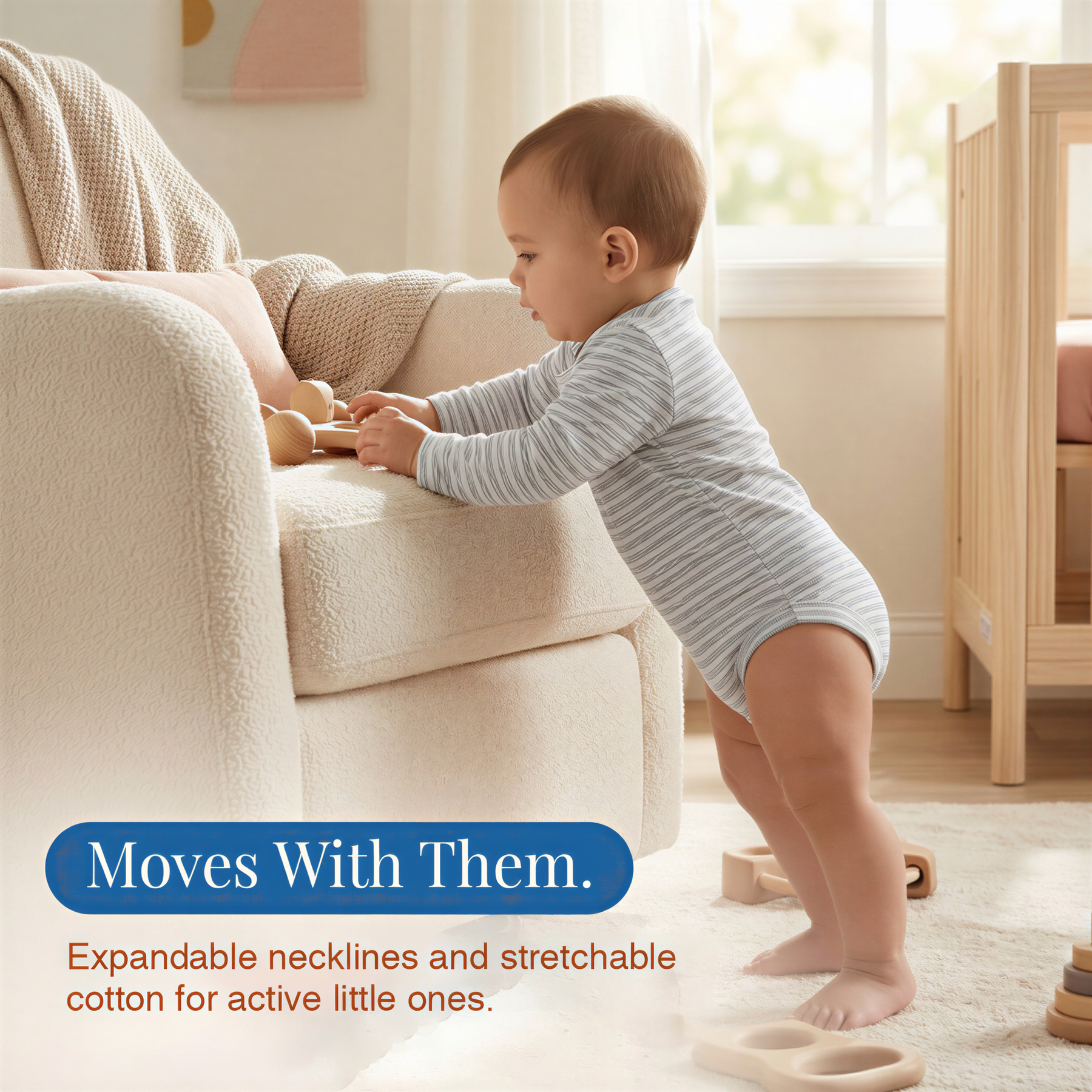 A baby standing on a rug, reaching for a toy, with a couch and a window in the background.
