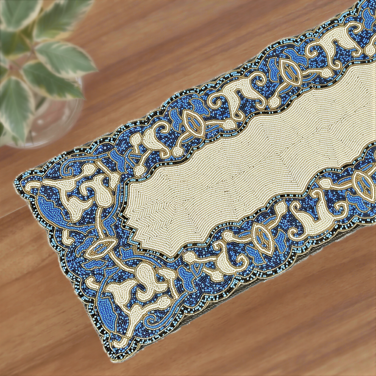Beaded white and blue table runner, 36x13 inches, decorative table centerpiece with intricate bead details.