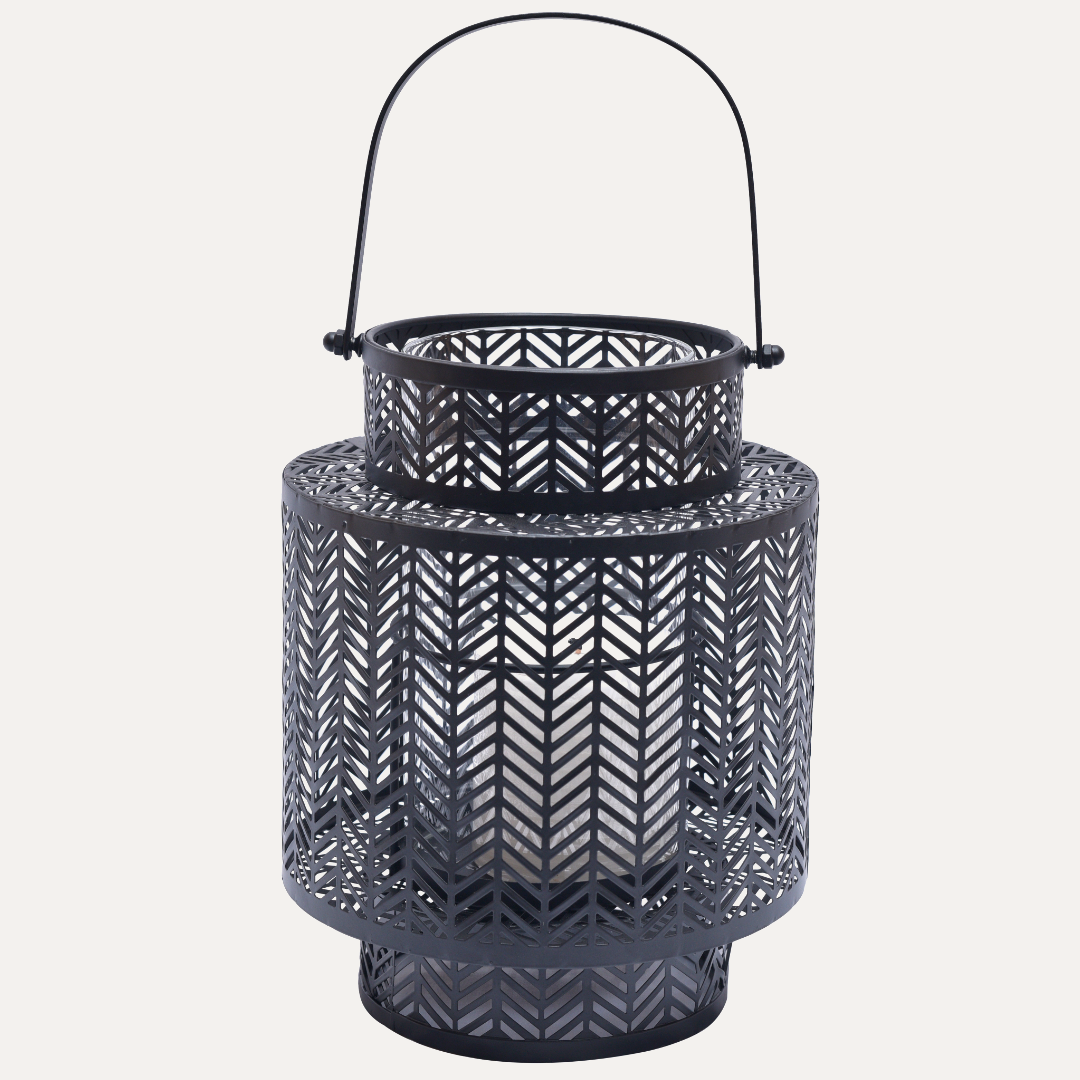 Black hanging candle lantern with glass panels and metal handle, ideal for outdoor or indoor decor, by CA11283-B.
