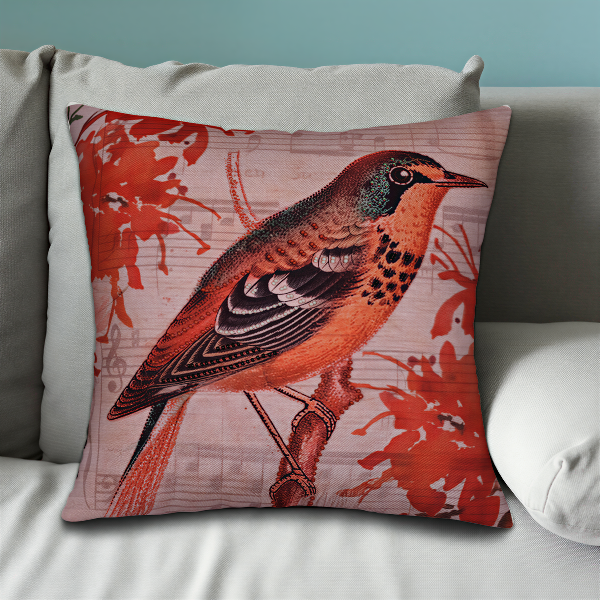 A decorative throw pillow with a vibrant illustration of a colorful bird perched on a branch, surrounded by red flowers.