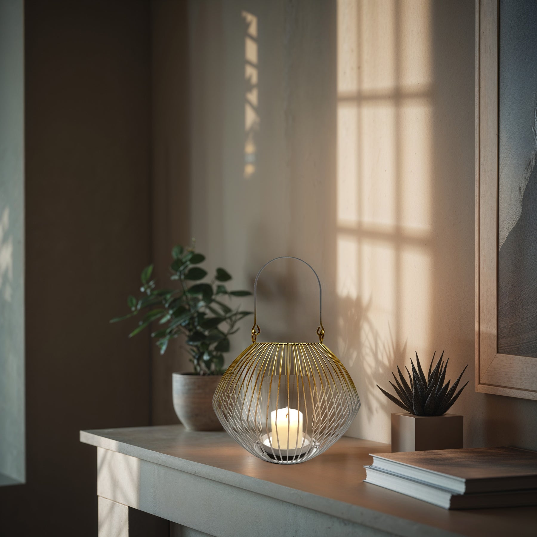 White and Gold Candle Holder Lantern - Decozen