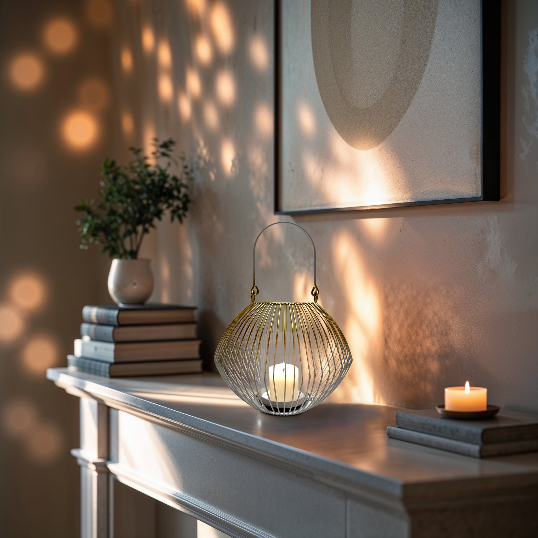 White and Gold Candle Holder Lantern - Decozen