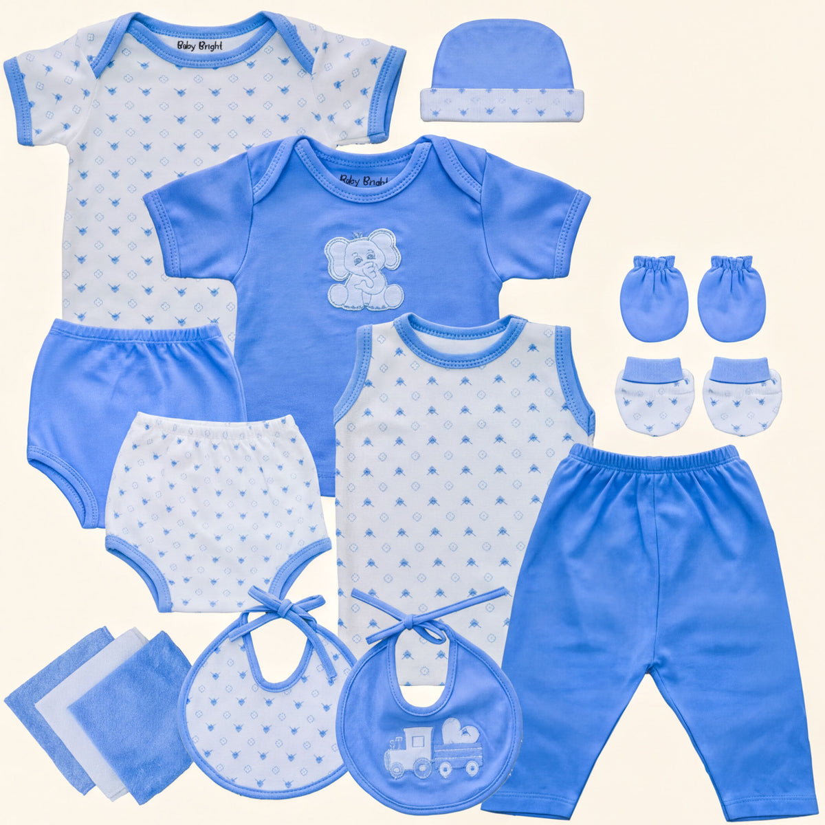 A collection of baby clothing and accessories, including a blue onesie, a blue hat, blue shorts, blue socks, and blue baby booties.