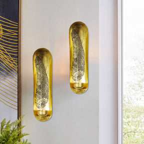 Set of 2 gold wall candle sconces with feather design, decorative candle holders for wall display, by 52042AG.