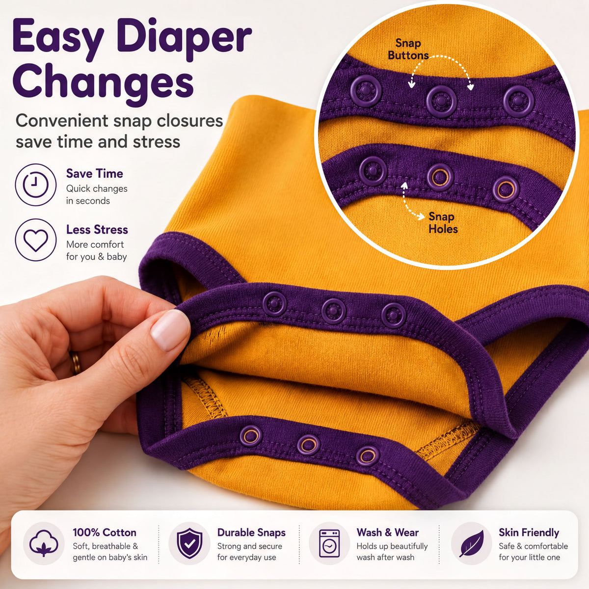 The image is an advertisement for Easy Diaper Changes, highlighting the convenience of snap closures and the benefits they provide.