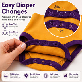 The image is an advertisement for Easy Diaper Changes, highlighting the convenience of snap closures and the benefits they provide.