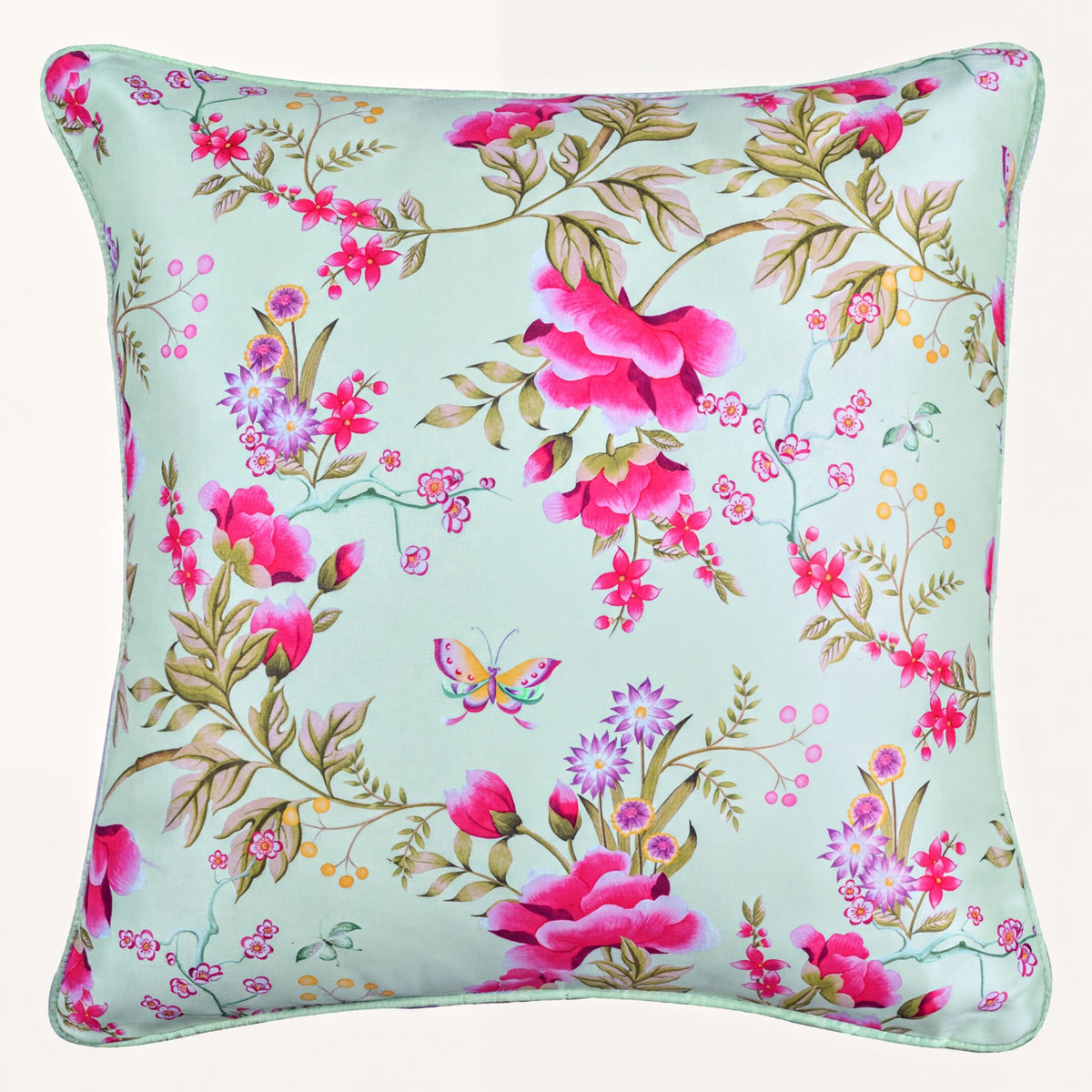 Floral printed throw pillow cover by CC-9701-A-4, 20x20 inches, showcasing vibrant floral fabric and decorative stitching.