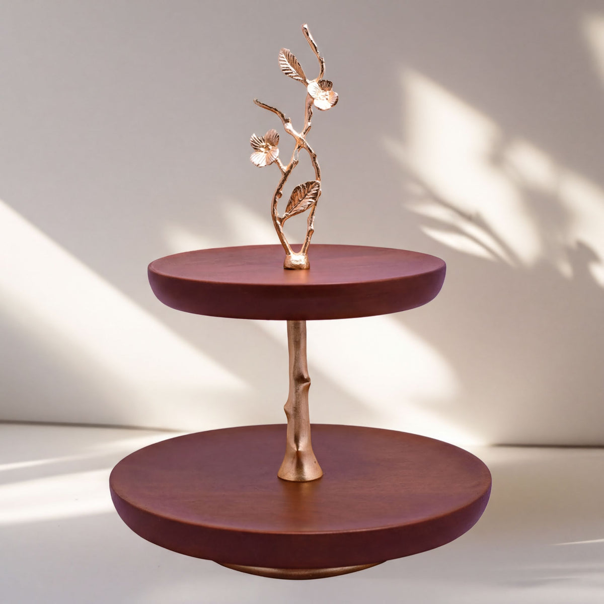 Two-tier wooden cake stand for kitchen decor, featuring a natural wood finish and elegant design, ideal for displaying desserts.