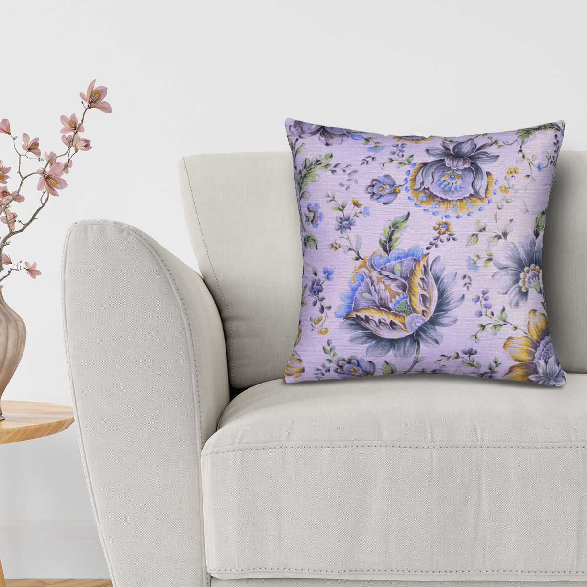 Floral printed throw pillow cover in 20x20 inches, featuring vibrant flower patterns on soft fabric.