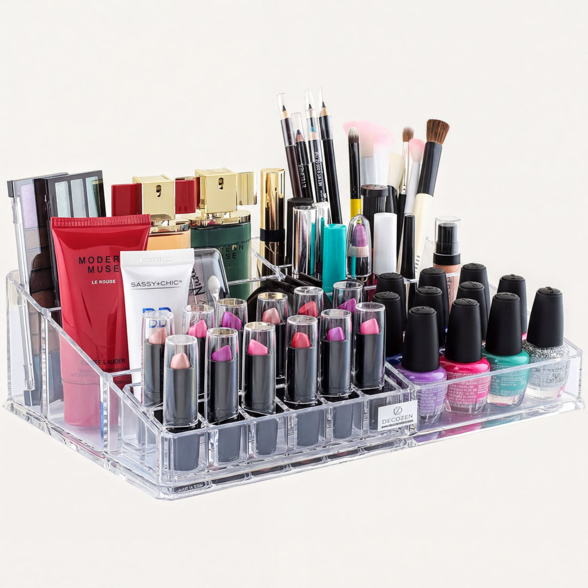 Clear makeup and jewelry organizer by F1047A with 21 slots, showcasing compartments for cosmetics and jewelry storage.