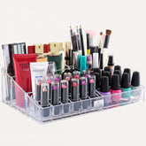 Clear makeup and jewelry organizer by F1047A with 21 slots, showcasing compartments for cosmetics and jewelry storage.