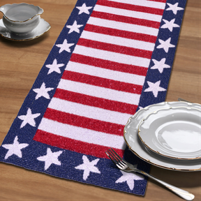 USA Flag beaded table runner, 13" x 54", decorative table accessory with patriotic beaded design by RN-119-B