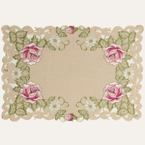 Set of four placemats with intricate European embroidery by COSP3127-PM for elegant dining table decoration.
