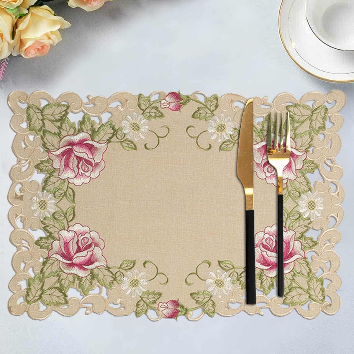 Set of four placemats with intricate European embroidery, featuring detailed patterns and vibrant colors, by COSP3127-PM.