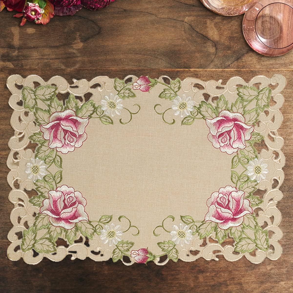 Set of four placemats with European embroidery by COSP3127-PM, featuring intricate traditional textile designs.