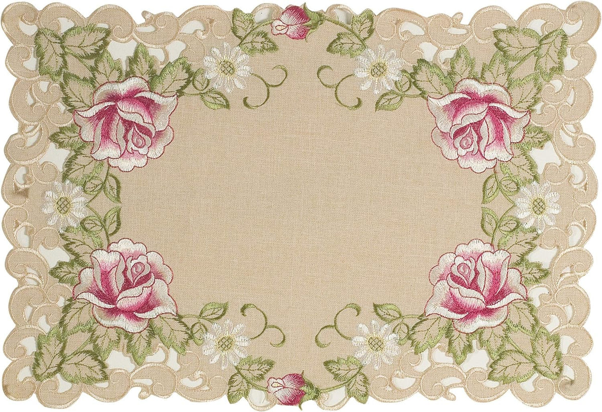Set of four placemats with intricate European embroidery, designed by COSP3127-PM for elegant table settings.