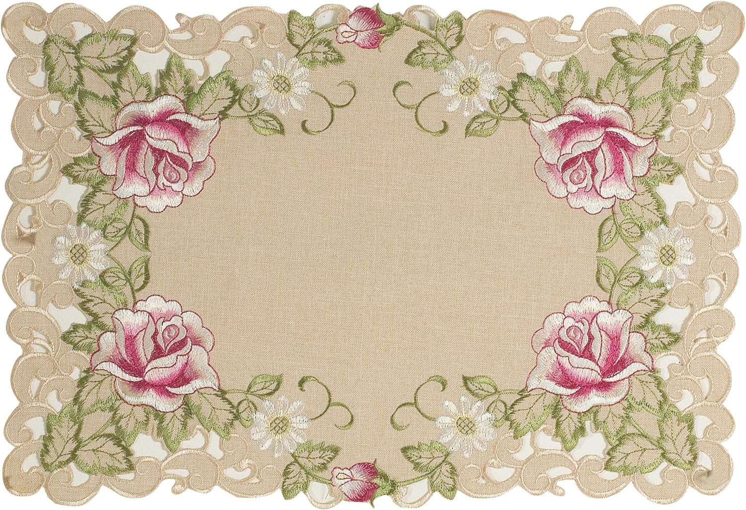 Set of four placemats with intricate European embroidery, designed by COSP3127-PM for elegant table settings.