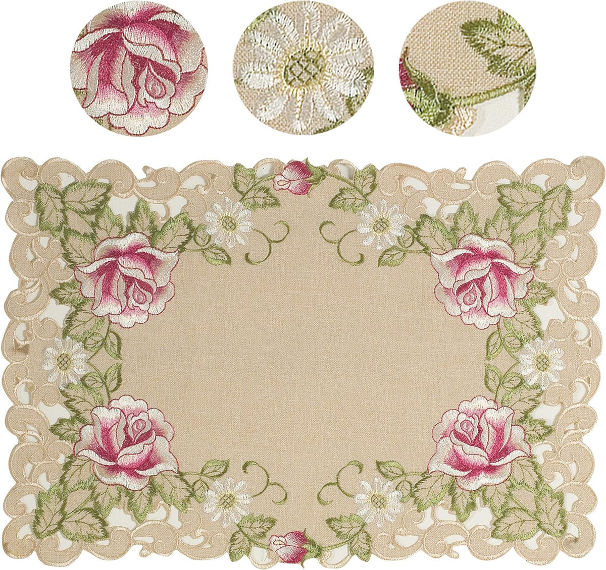 Set of four COSP3127-PM placemats with intricate European embroidery, featuring colorful woven designs for dining table decor.
