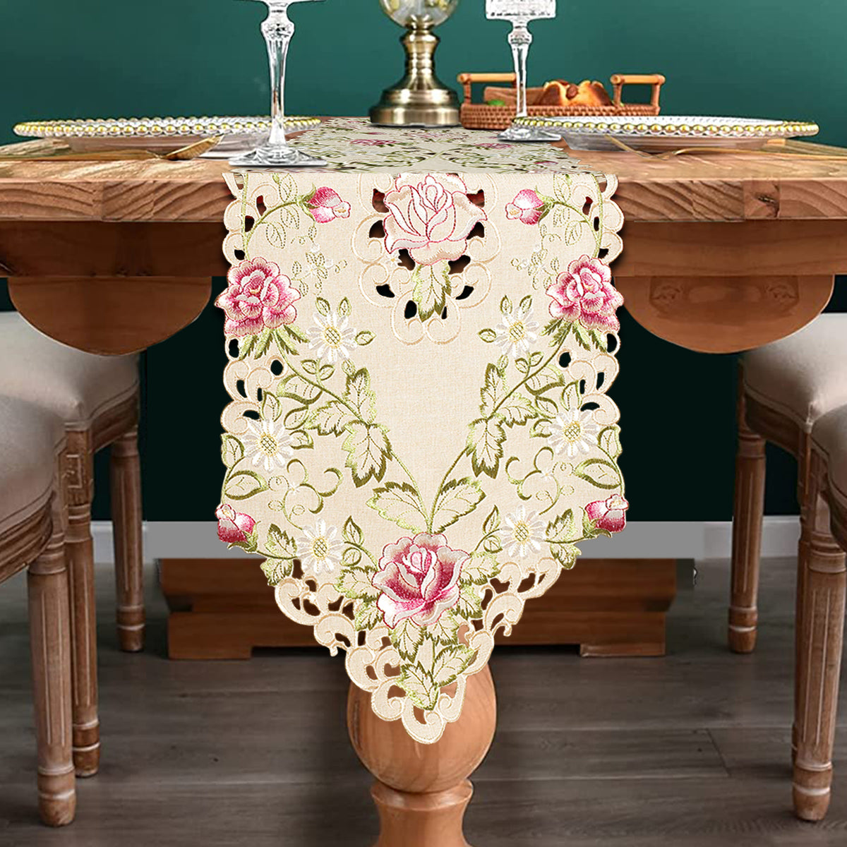 Elegant table runner with intricate European embroidery by COSP3127-RN, showcasing detailed needlework on fine fabric.