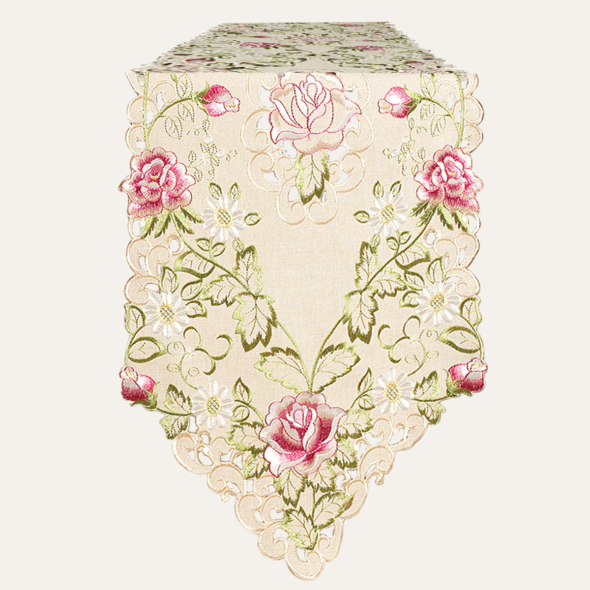 Elegant table runner with intricate European embroidery, showcasing detailed craftsmanship and decorative design.
