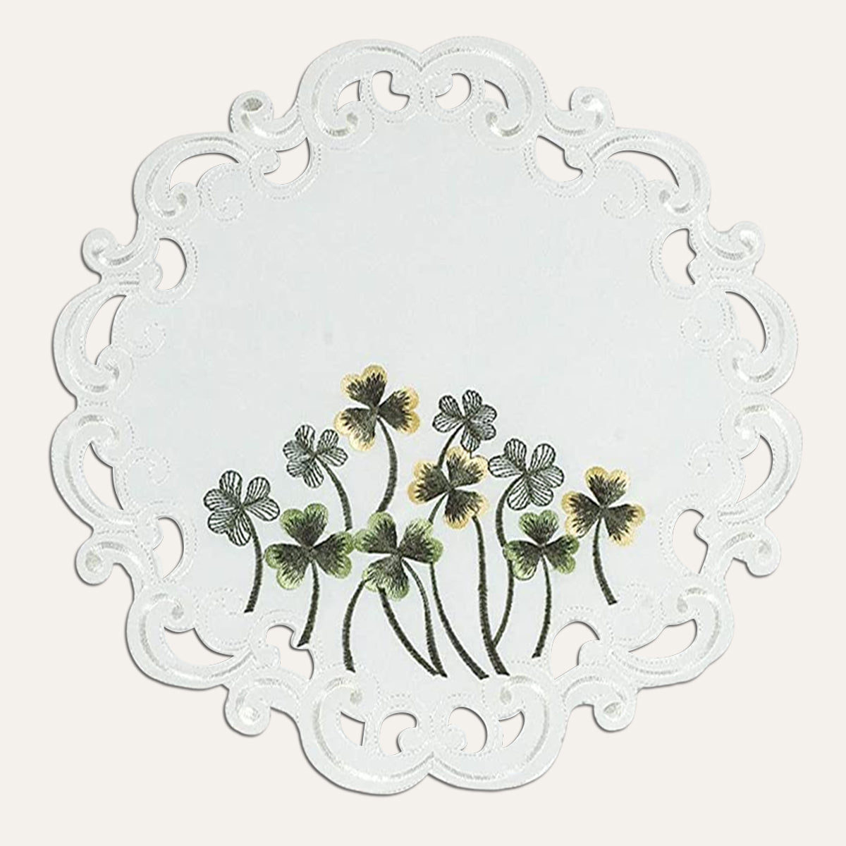 Set of four ivory round lace linen doilies from The Clem Collection, decorative doilies with intricate lace details.