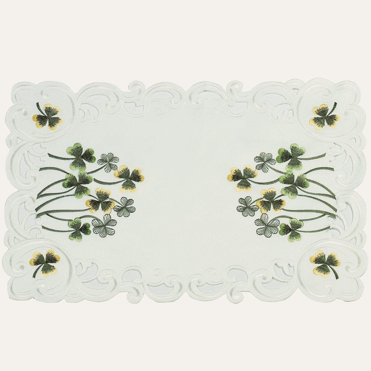 Set of six linen placemats with European embroidery from the Clem Collection, featuring intricate design and elegant craftsmanship.
