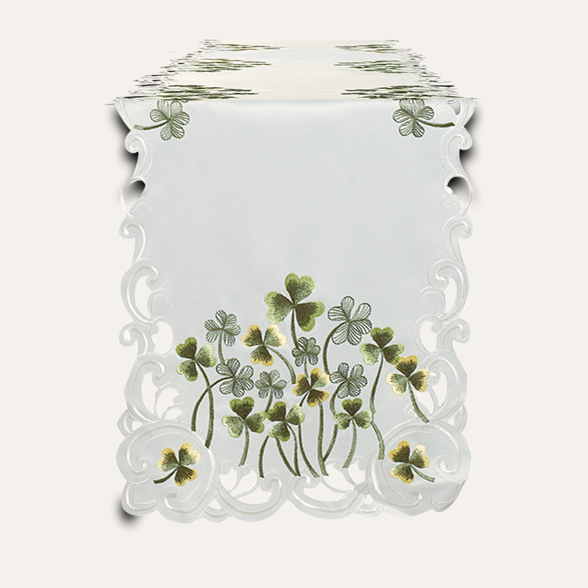 Ivory linen table runner with intricate European embroidery from The Clem Collection, showcasing elegant handmade design.
