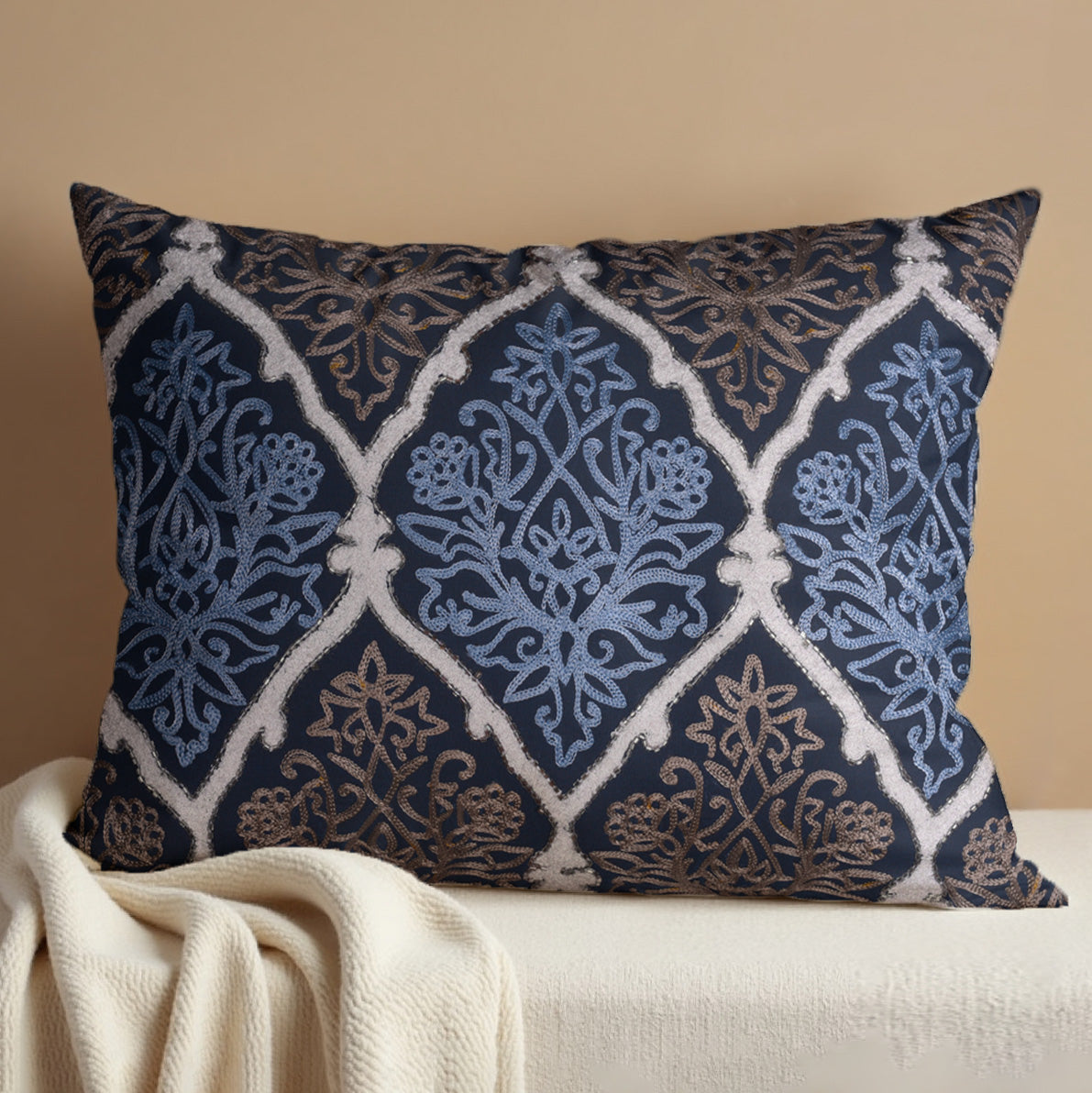 Set of 2 and 4 blue and brown throw pillow covers, 14 x 20 inches, made by CU6071-35, displayed on decorative pillows.