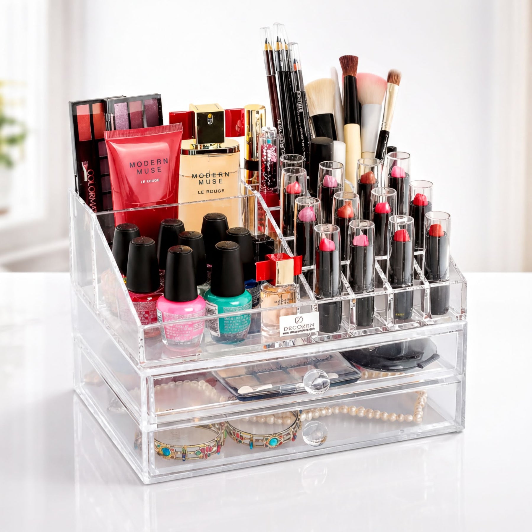 Clear makeup organizer with 19 slots and 2 drawers by F2503, perfect for storing makeup brushes and cosmetics.