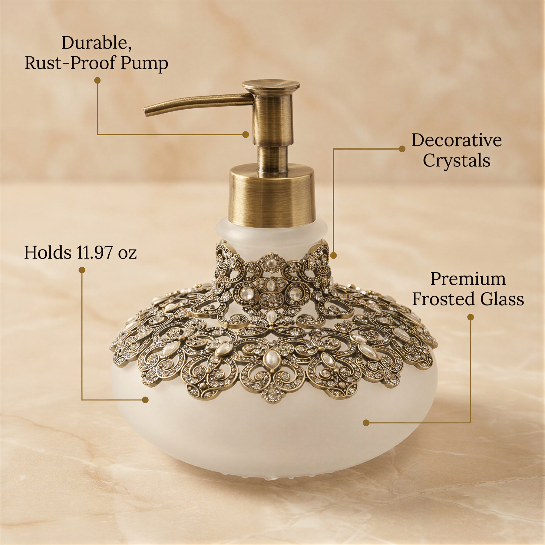 A decorative soap dispenser with a gold pump and a white body adorned with intricate designs.
